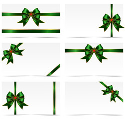 Blank Gift card set with green satin bows and ribbons holly berry. Holiday voucher templates with shiny satin bow decoration. Christmas, New Year present design isolated on white background