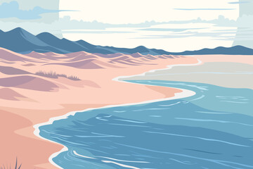 Pastel beach landscape with pink sand, blue sea and distant mountains under soft cloudy sky, modern flat vector illustration of calm coastal scenery, summer vacation and relaxation concept.