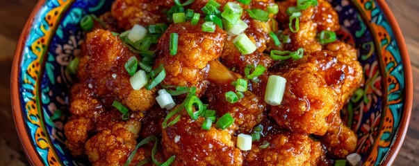 A vibrant bowl of crispy, sauced cauliflower topped with fresh green onions, showcasing a colorful and appetizing dish.