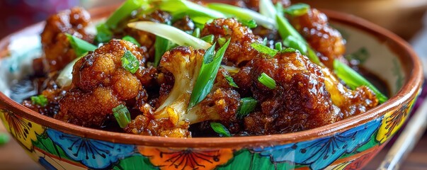 A colorful bowl filled with crispy, saucy cauliflower garnished with green onions, showcasing a delicious vegetarian dish.