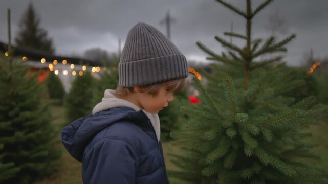 A Young Child in a Cozy Hat Exploring a Lush Christmas Tree Farm Under a Gloomy Sky Surroun.
