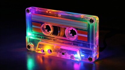 A vibrant, illuminated cassette tape with colorful lights, showcasing a nostalgic retro design, set against a dark background.