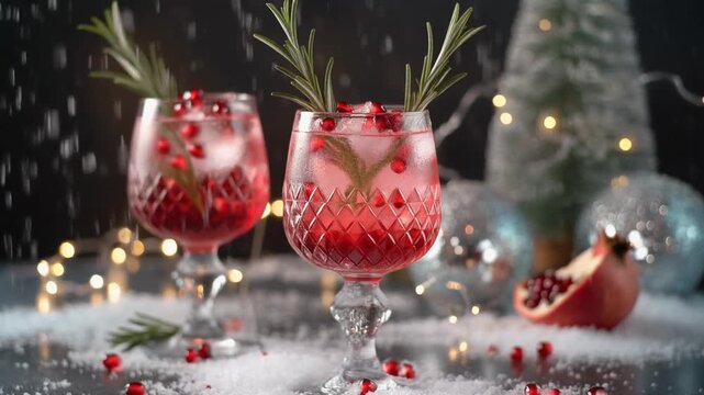 Two refreshing cocktails featuring pomegranate and rosemary are presented in stylish glasses.