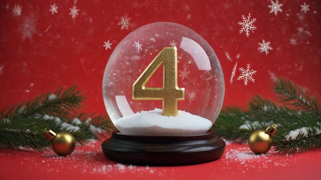 Snow globe with golden number 4 resting on snow against a vibrant festive red background. 