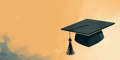 Elegant Black Graduation Cap Illustration with Tassel on Orange Background for Graduation Announcements and Celebration Invitations Design Elements