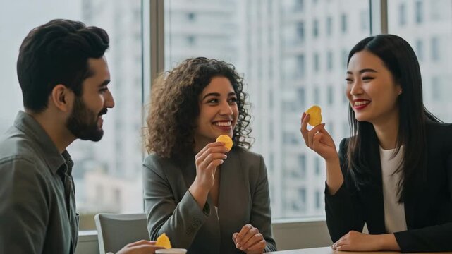 Diverse business professionals collaborating and smiling while eating snacks in a modern office.