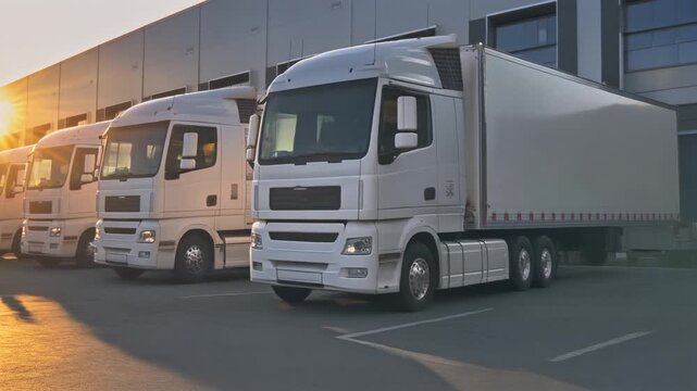 Lineup of white semi-trucks parked in front of a logistics warehouse. The setting sun casts .