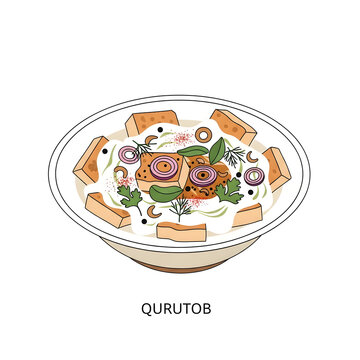 A stylized illustration of Qurutob, a national dish popular in Tajikistan, made with qurut (dried salty cheese balls), vegetables, and flatbread.
