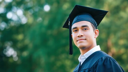 Graduation Cap Portrait of Smiling Young Male Graduate in Cap and Gown Outdoors with Greenery Background, Celebrating Academic Achievement and Future Success, Ideal for Graduation Announcements