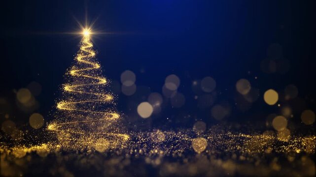 Abstract christmas tree forming from golden particles on a dark blue background with bokeh 