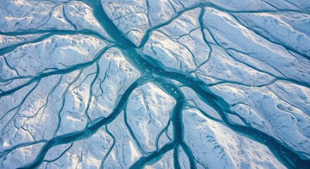 Aerial View of Glacial Meltwater Rivers and Ice Formations