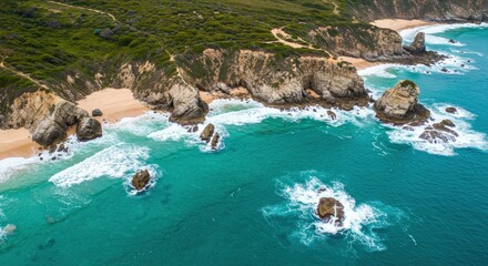 Aerial View of Rugged Coastline with Turquoise Ocean Waves