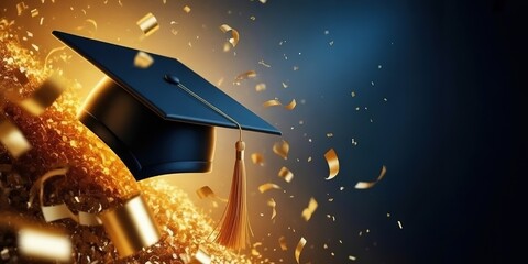 Blue Graduation Cap with Gold Tassel and Confetti Explosion Background Celebration Achievement Education Ceremony Commencement Graduation Ceremony Decorative Design Element