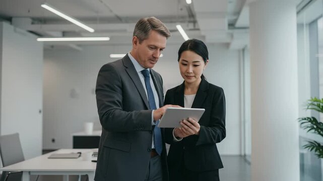 Business team collaborating on project in modern office setting with technology