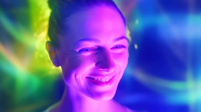 Smiling woman portrait against vibrant colorful abstract background, positive emotions expressed