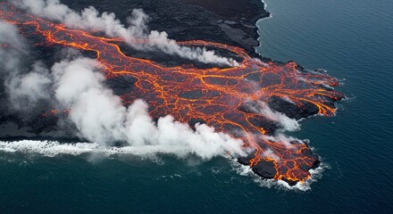Aerial View of Volcanic Lava Flowing into the Ocean