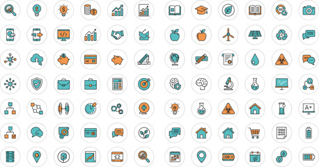Blue circular line icon set, featuring business, education, technology, finance, science, analytics, modern, minimal, vector symbols, for professional digital applications