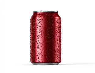 Fototapeta premium Chilled red beverage can with water droplets stands on a white background.
