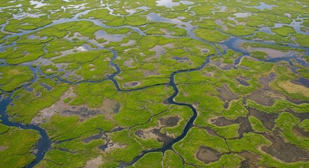 Aerial View of Winding Waterways Through Lush Green Marshland