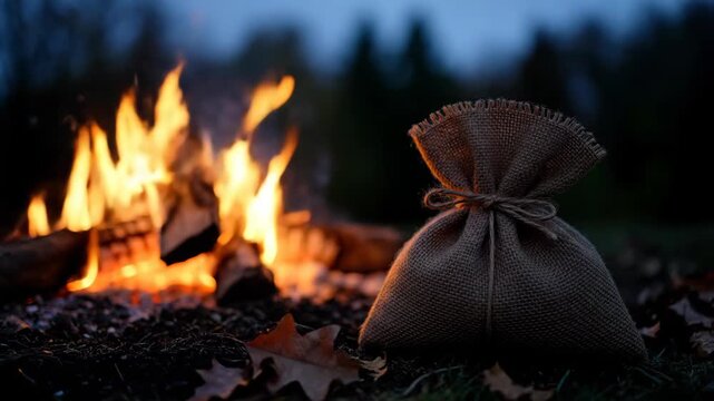 Rustic burlap sack near bonfire under dark sky in nature setting