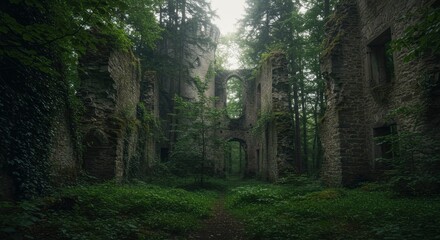 Ancient Castle Ruins Overgrown with Lush Green Forest