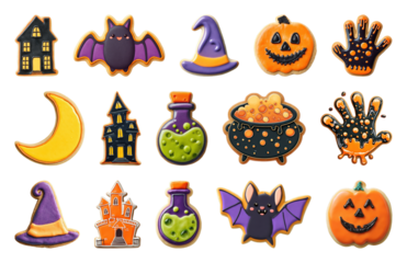 PNG Colorful Halloween-themed cookie designs, element set on transparent background