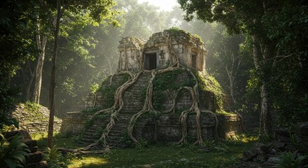 Ancient Jungle Temple Overgrown with Lush Green Roots