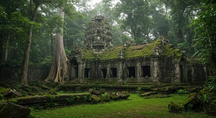 Ancient Jungle Temple Overgrown with Moss and Vines
