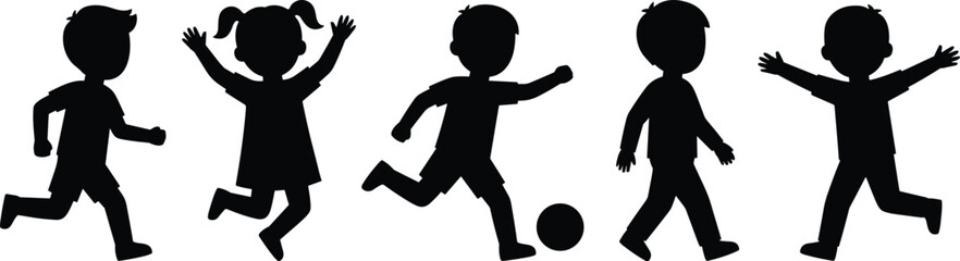 Children silhouette playing, running, jumping, kicking ball, joyful kids activity, outdoor fun, energetic movement, childhood happiness, black figures, dynamic pose
