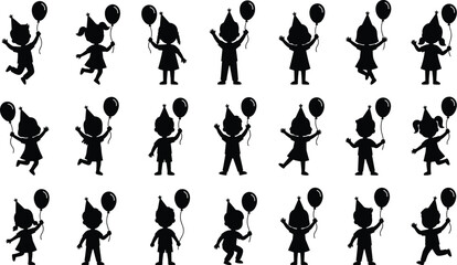 Children silhouettes, balloon party, festive kids, birthday celebration, playful poses, black figures, party hats, motion, grid layout, educational design