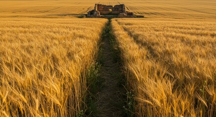 Ancient Ruins in Golden Wheat Field at Sunset