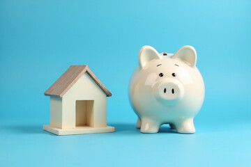 Piggy bank and house model isolated over blue background.