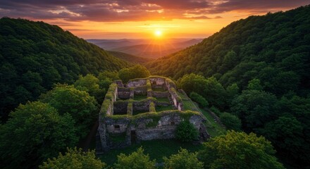 Ancient Ruins Nestled Amidst Lush Forest at Sunset