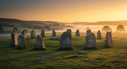 Ancient Standing Stones in Misty Scottish Landscape at Sunrise