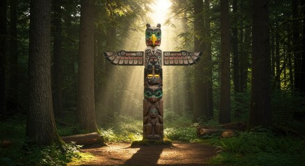 Ancient Totem Pole in Sunlit Forest Clearing