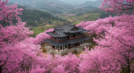 Ancient Temple Surrounded by Blooming Cherry Blossoms in Spring