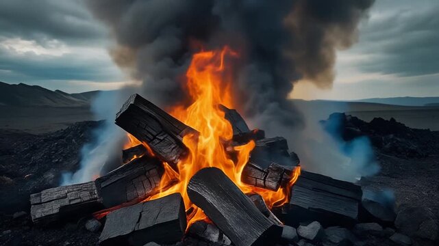 Vibrant flames consume wood logs, creating a dramatic pillar of dark smoke against a stormy horizon, a primal display of heat and atmospheric consequence