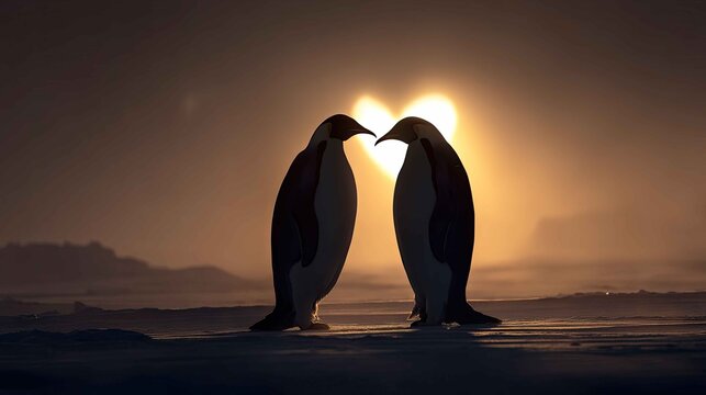 Two Penguins Silhouetted Against a Sunset on Ice Landscape