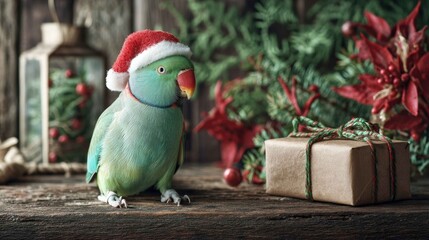 Colorful Parrot in Santa Hat with Christmas Decorations and Gift