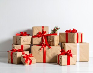 Wrapped Presents with Red Ribbons: Stacked gifts in brown paper, adorned with vibrant red ribbons, embodying the joy of giving, the essence of festive occasions.