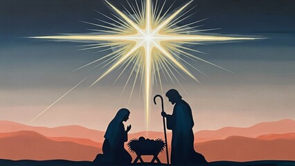 Nativity Scene Silhouette Holy Family Baby Jesus Christmas Star Bethlehem Religious Art Illustration
