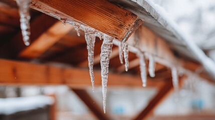 Translucent icicles cling to the edge of a wooden overhang during cold weather