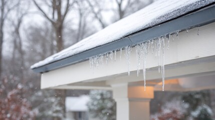 Icicles form along the edge of a snow-covered roof eave during a cold weather event