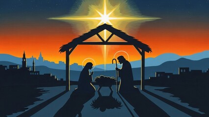 Nativity Scene Illustration Bethlehem Star Holy Family Christmas Religious Art Vector Image