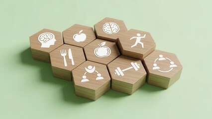 Fototapeta premium Holistic Wellness Concept.Wooden hexagonal blocks arranged on pastel green background with white icons; wellness and healthy living, including mental health, nutrition, exercise and community