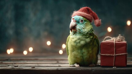 Festive Parrot Wearing Santa Hat Next to Christmas Gift Box