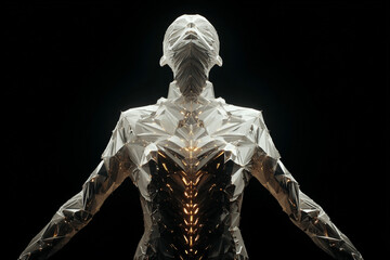 Abstract human figure sculpture made of sharp metallic shards with internal warm light on black background.