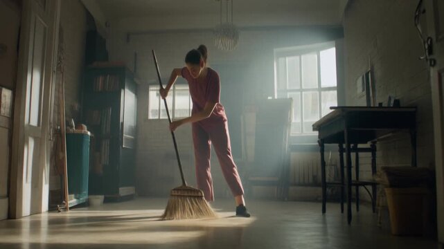 A dedicated woman sweeps a sunlit, dusty room, her movements highlighted by shafts of light revealing airborne particles, embodying diligent domesticity and the pursuit of a clean living space