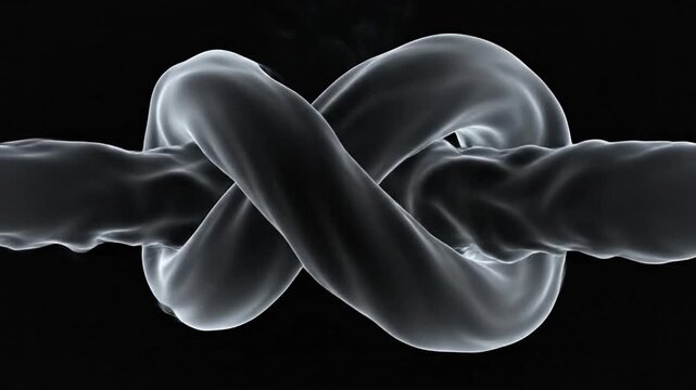 A dark, abstract image featuring two intertwined, smooth, rope-like strands forming a complex knot against a black background, symbolizing connection or entanglement.