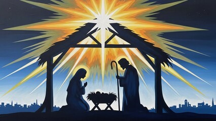 Nativity Scene Silhouette Holy Family Christmas Art Bethlehem Star Night Religious Iconography